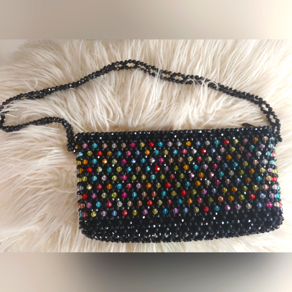 Beaded Mini Black Handbag Shoulder Bag with Multicolored Beads